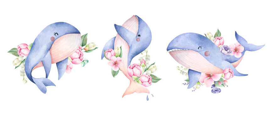 Watercolor composition with blue whale and flowers. Isolated on white background.