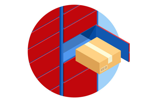 Isometric parcel locker. Postman and locker with digital panel for password. The chain of autonomous postal points for self-receipt and sending of postal parcels. Postal delivery, smart self-service