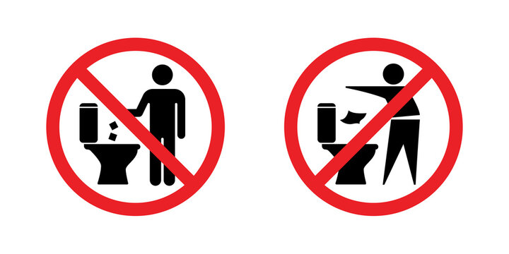 Do not throw trash in the toilet round red symbols. Vector