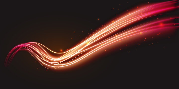 Luminous neon shape wave, abstract light effect vector illustration. Wavy glowing bright flowing curve lines, magic glow energy stream motion with particle isolated on dark black background