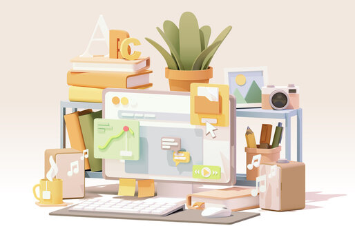 Vector abstract office workplace. Desktop PC, books and stationery on the shelf, applications on screen, cup of tea. Cozy home office illustration