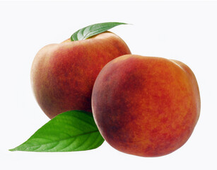 Fototapeta na wymiar Fresh peach and leaf on white background.