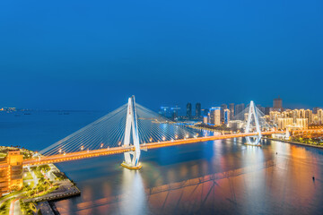 High angle night view of Haikou Century Bridge, Hainan, China