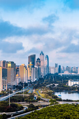 Fototapeta premium High-angle architectural scenery of Haikou International Trade CBD and Binhai Overpass, Hainan, China