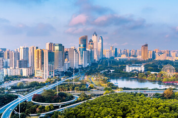 High-angle architectural scenery of Haikou International Trade CBD and Binhai Overpass, Hainan,...