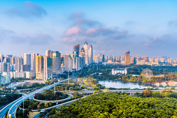 High-angle architectural scenery of Haikou International Trade CBD and Binhai Overpass, Hainan, China