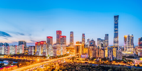 High angle night view of CBD buildings in Beijing, China