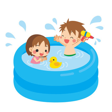 ビニールプールで水遊びをしている男の子と女の子の兄妹のイラスト 白背景 クリップアート Stock Vector Adobe Stock