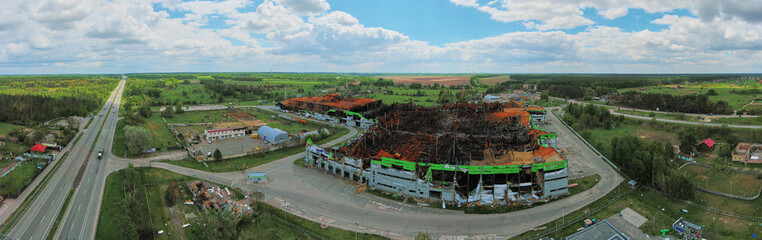 Kalynivka, Kyiv region, Ukraine - May 15, 2022: War in Ukraine. A destroyed Logistics Park after...