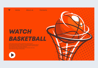 vector illustration of a banner template for the website of an online basketball video service, a basketball ball flies into a ring on an orange background