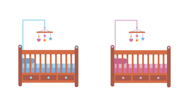 Set of baby crib on white background. Vector illustration cribs for girls and boys in cartoon style.