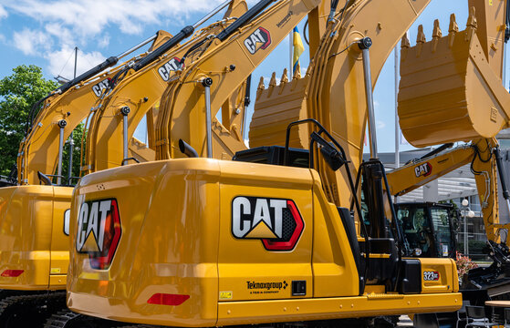 Belgrade, Serbia - April 27, 2022: Excavators CATERPILLAR at the South East Europe Belgrade building expo