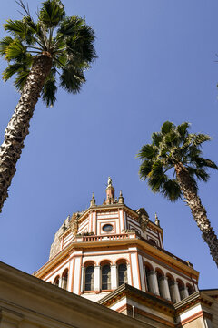 L ow-angle view of the octagonal dome of the Basilica of the Saints Gervasio and Protasio with high palm trees against blue sky in the city centre of Rapallo, Genoa, Liguria, Italy