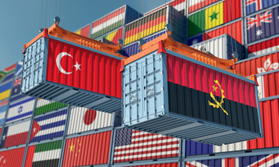 Cargo containers with Angola and Turkey national flags. 3D Rendering