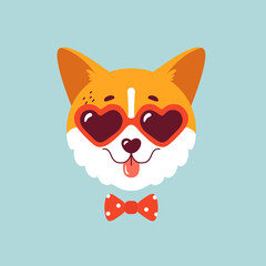 Cute corgi face with heart shaped sunglasses and bow tie. Vector print isolated on clean background. Funny dog illustration for valentines day card, poster or stylish t-shirt design.