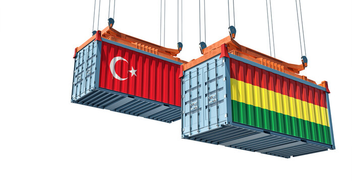 Cargo containers with Bolivia and Turkey national flags. 3D Rendering