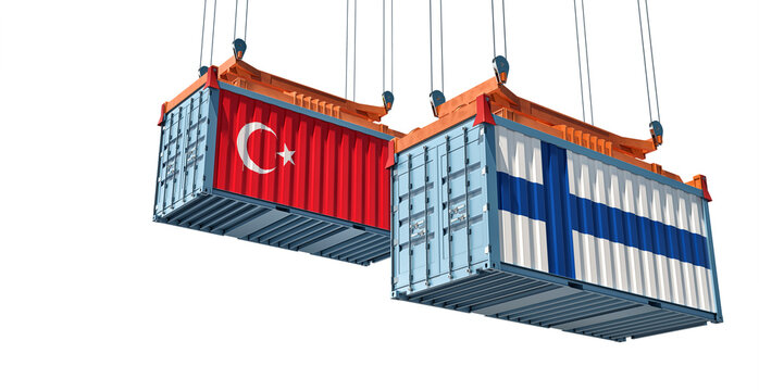 Cargo containers with Finland and Turkey national flags. 3D Rendering