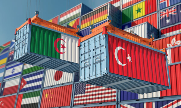 Cargo containers with Algeria and Turkey national flags. 3D Rendering