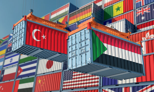 Cargo containers with Sudan and Turkey national flags. 3D Rendering