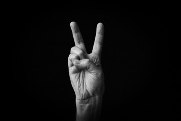 Victory Hand emoji isolated on black background
