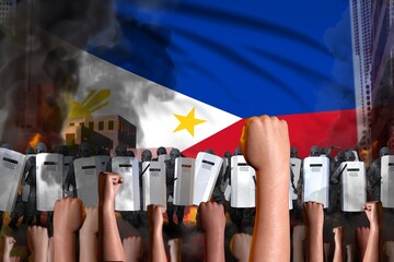 Protest in Philippines - police squad stand against the demonstrators crowd on flag background, riot stopping concept, military 3D Illustration