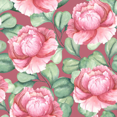 Watercolor peonies and eucalyptus. Large pink flowers and round eucalyptus leaves. Delicate seamless pattern on pink background.