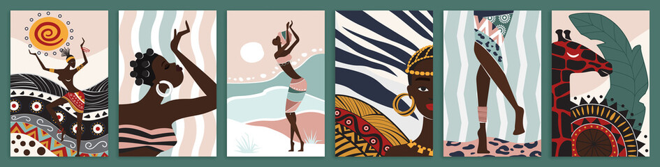 Fototapeta Ethnic dances of African woman among traditional and animal patterns set vector illustration. Abstract silhouettes, native ornament and tribal culture elements in wall art decor, social media stories obraz