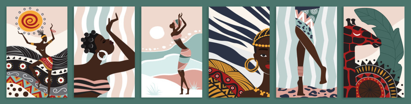 Ethnic dances of African woman among traditional and animal patterns set vector illustration. Abstract silhouettes, native ornament and tribal culture elements in wall art decor, social media stories