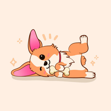 A cute corgi at play cartoon vector icon illustration.   animal nature icon concept isolated premium vector.   flat cartoon style.