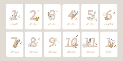 Foto op Plexiglas Cute set of monthly milestone cards. Baby postcards with numbers and flowers for a newborn girl. Print baby shower, baby's birthday. Kids collection of 1-11 months and 1 year. Nursery design © Ekaterina