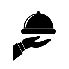 Hand holding silver cloche icon. Waiter with food tray vector icon in black solid flat design icon isolated on white background