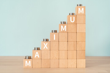 最大・上限のイメージ｜「MAXIMUM」と書かれた積み木とコイン