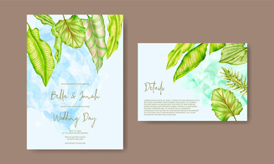 Wedding invitation with hand drawn tropical leaves background