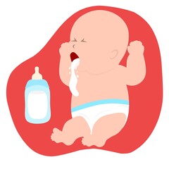 Little baby vomits milk. A cute boy spews milk from his mouth. Vector illustration. - obrazy, fototapety, plakaty
