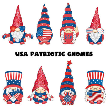 4th of July Patriotic American gnomes collection. Vector illustration. 