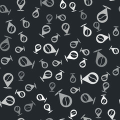 Grey Location with coffee bean icon isolated seamless pattern on black background. Vector