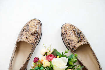 Brown beautiful fashionable female loafers shoes. Studio shoot on white background for a magazine,...