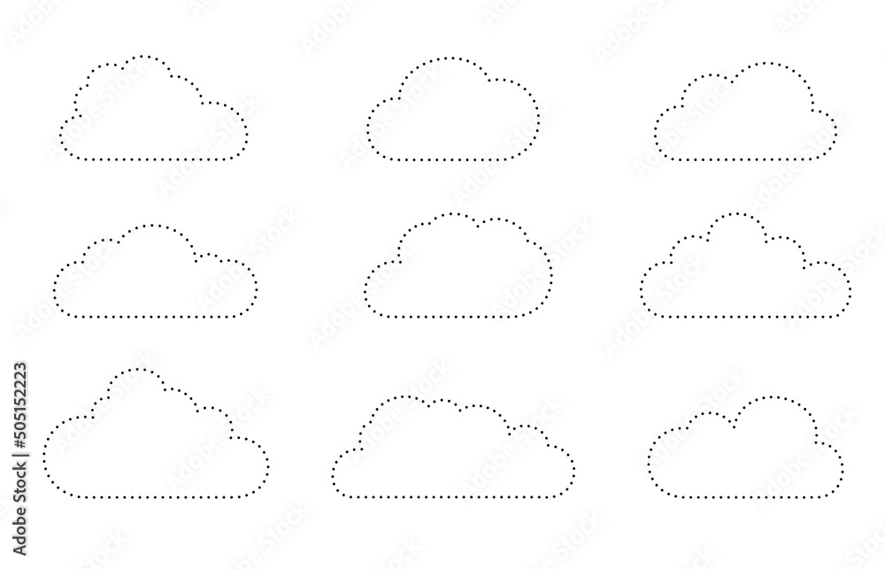 Poster set of vector clouds dotted outline symbol set illustration. cloud backup.