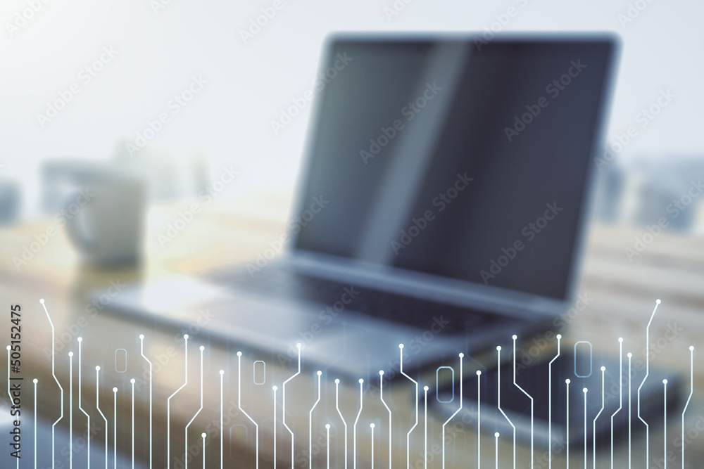 Aufkleber Creative concept of microscheme illustration and modern desktop with computer on background. Big data and database concept. Multiexposure