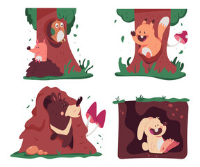 Animals in tree hollow and burrows vector cartoon illustration isolated on a white background.