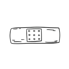 Hand drawn antibacterial sticky plaster hand drawn in black and white doodle sketchy style isolated on white background. firs aid of a wound