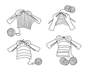 Knitting, crochet in hand drawn sketch. Hands hold a knitted fabric on the needles. Hobby, handmade, handicraft. Collection of doodle isolated vector illustrations - obrazy, fototapety, plakaty