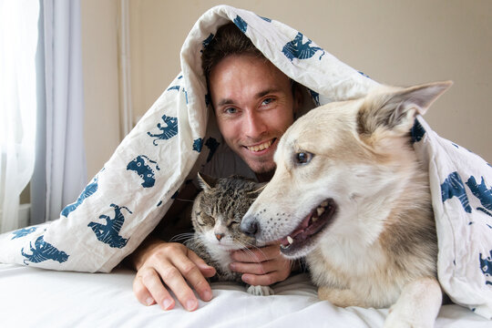 Pleased young man lying in bed with dogs and cat