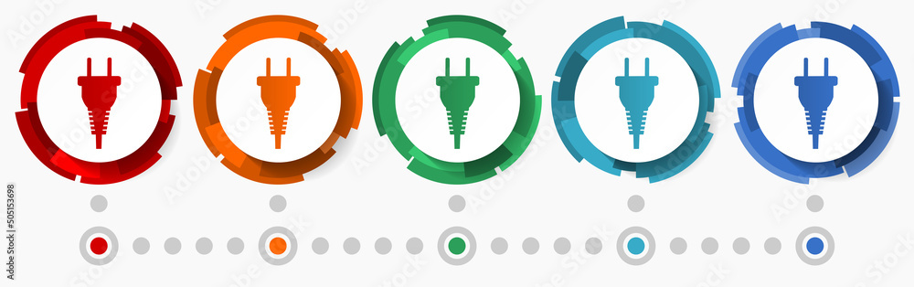 Poster Electricity, plug, energy concept vector icon set, modern design abstract web buttons in 5 color options, infographic template