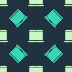 Green and beige Laptop icon isolated seamless pattern on blue background. Computer notebook with empty screen sign. Vector