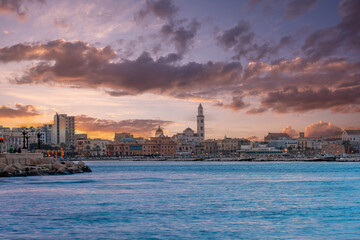 Panoramic view of Bari, Southern Italy, the region of Puglia(Apulia) seafront at Sunset. Basilica San Nicola in the background. 