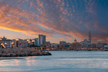 Panoramic view of Bari, Southern Italy, the region of Puglia(Apulia) seafront at Sunset. Basilica...