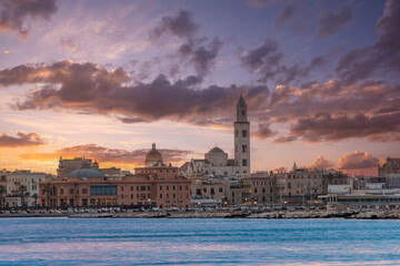 Plakat Panoramic view of Bari, Southern Italy, the region of Puglia(Apulia) seafront at Sunset. Basilica San Nicola in the background. 