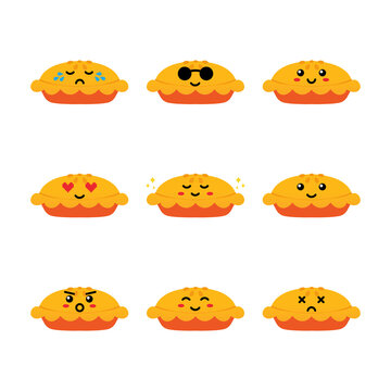 Set, collection, pack of pie emoji, vector cartoon style icons of sweet apple pie characters with different facial expressions, happy, sad, shining, joyful.
