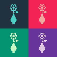 Pop art Flower in vase icon isolated on color background. Vector